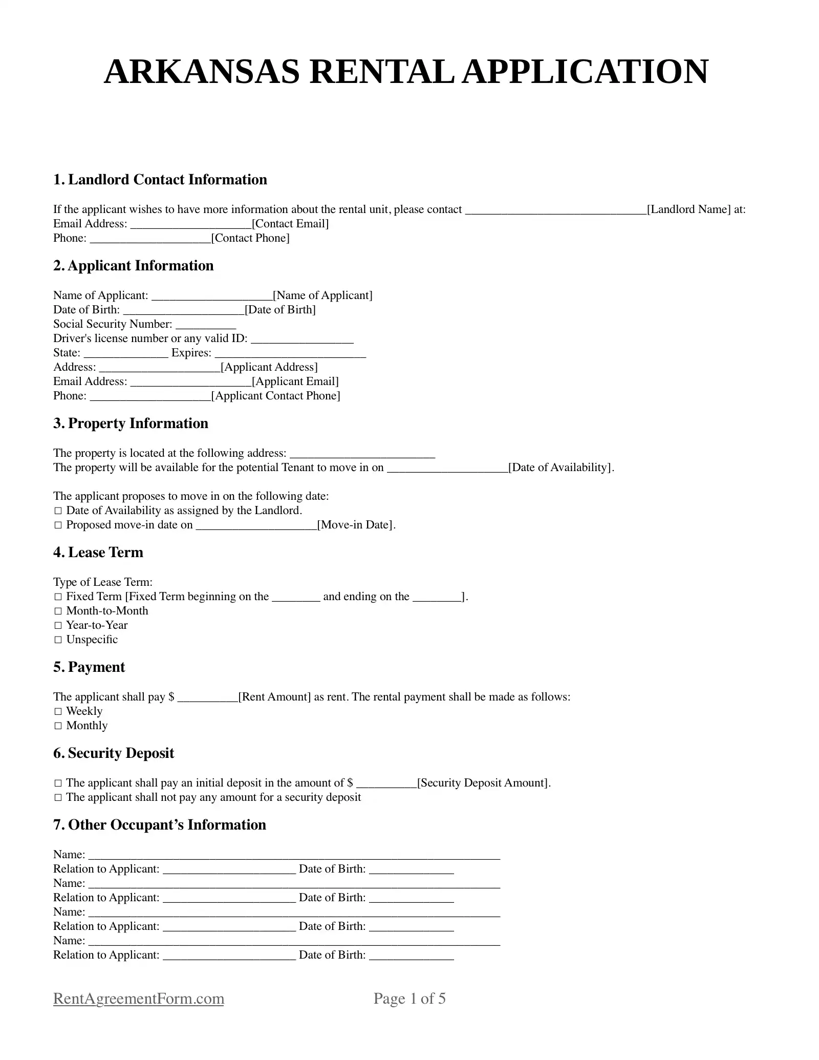 Arkansas Rental Application Sample