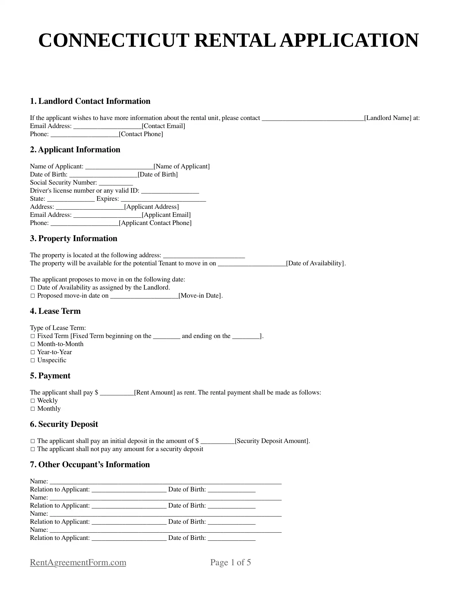 Connecticut Rental Application Sample