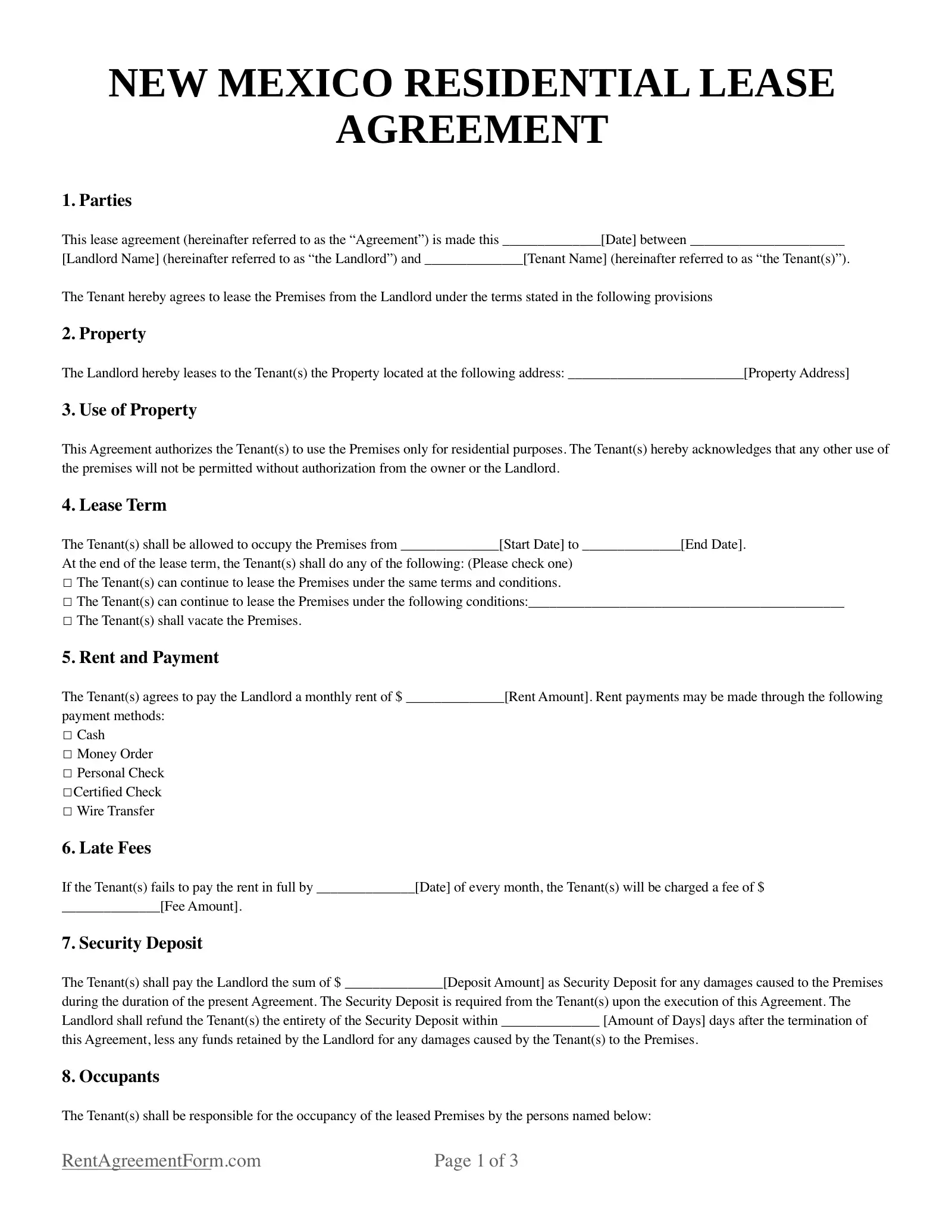New Mexico Residential Lease Agreement Sample