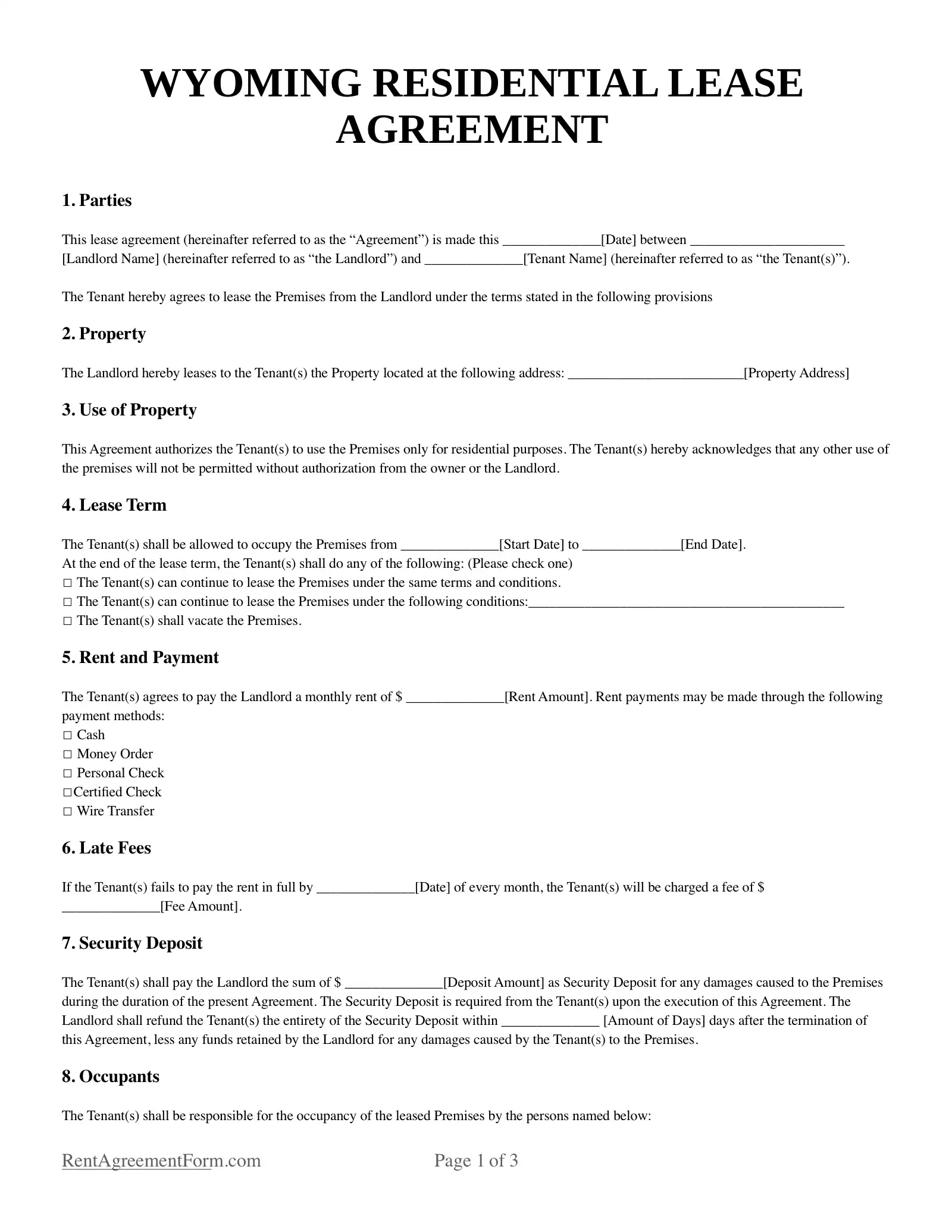Wyoming Residential Lease Agreement Sample
