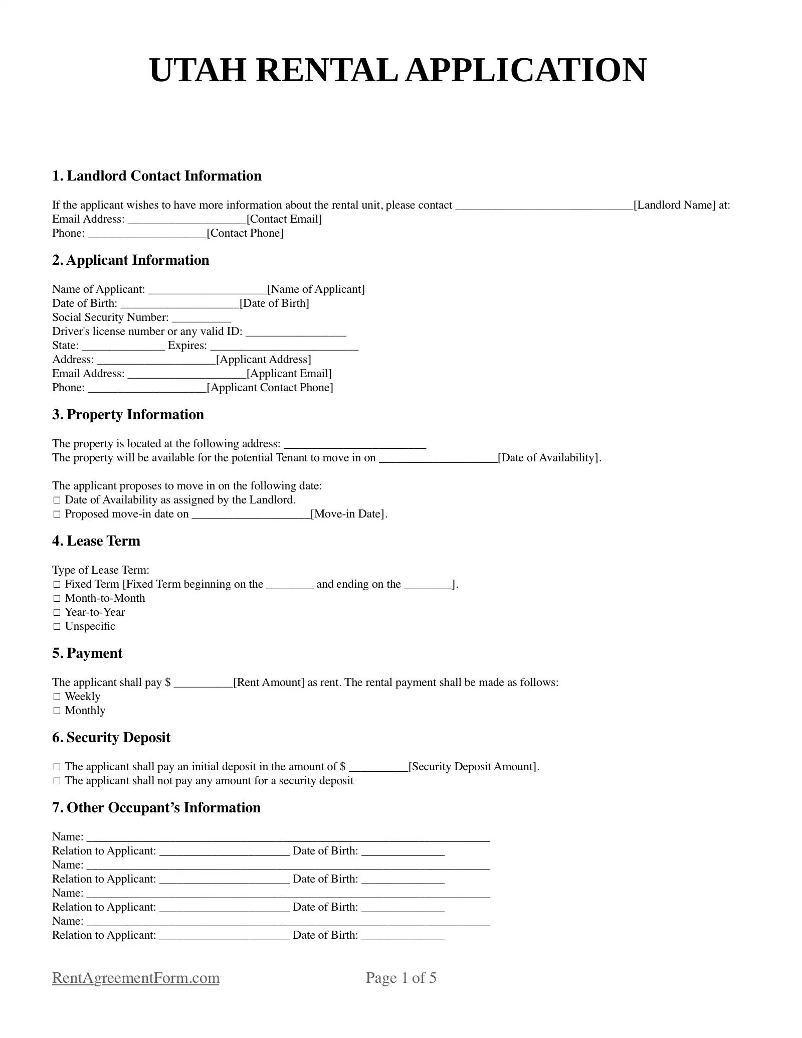 Utah Rental Application Sample