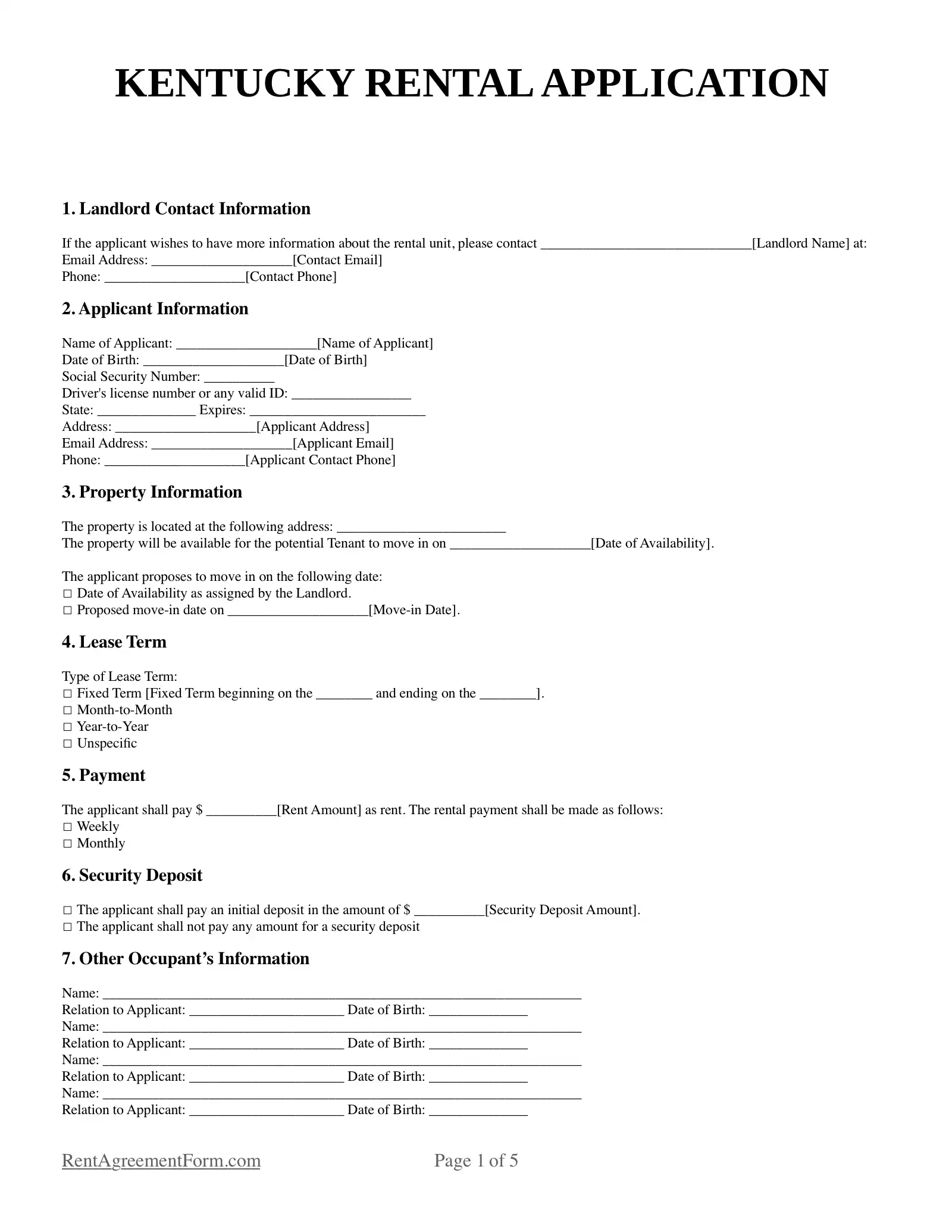 Kentucky Rental Application Sample
