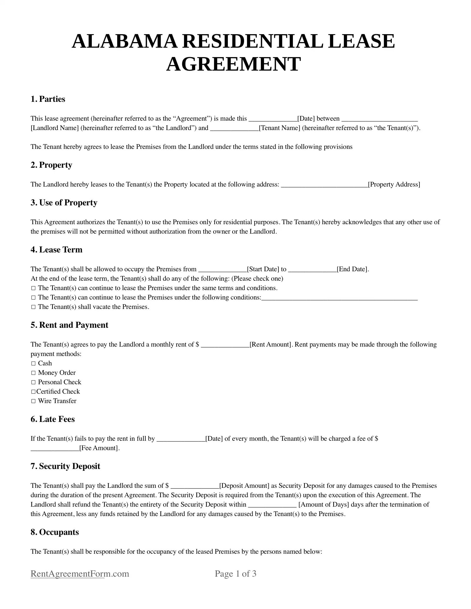 Free Alabama AL Rental Lease Agreement Form PDF Word