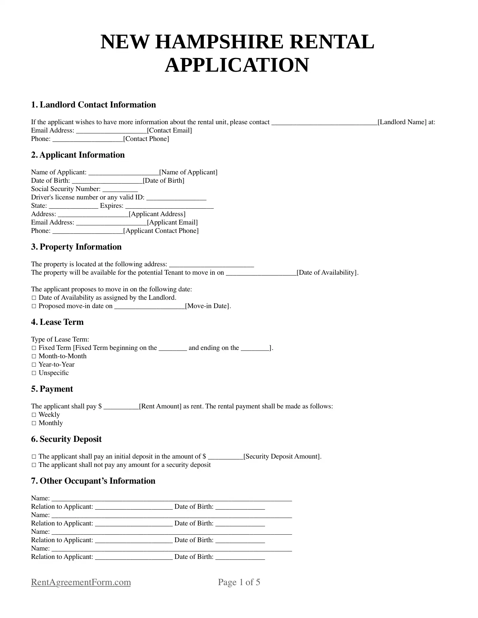 New Hampshire Rental Application Sample