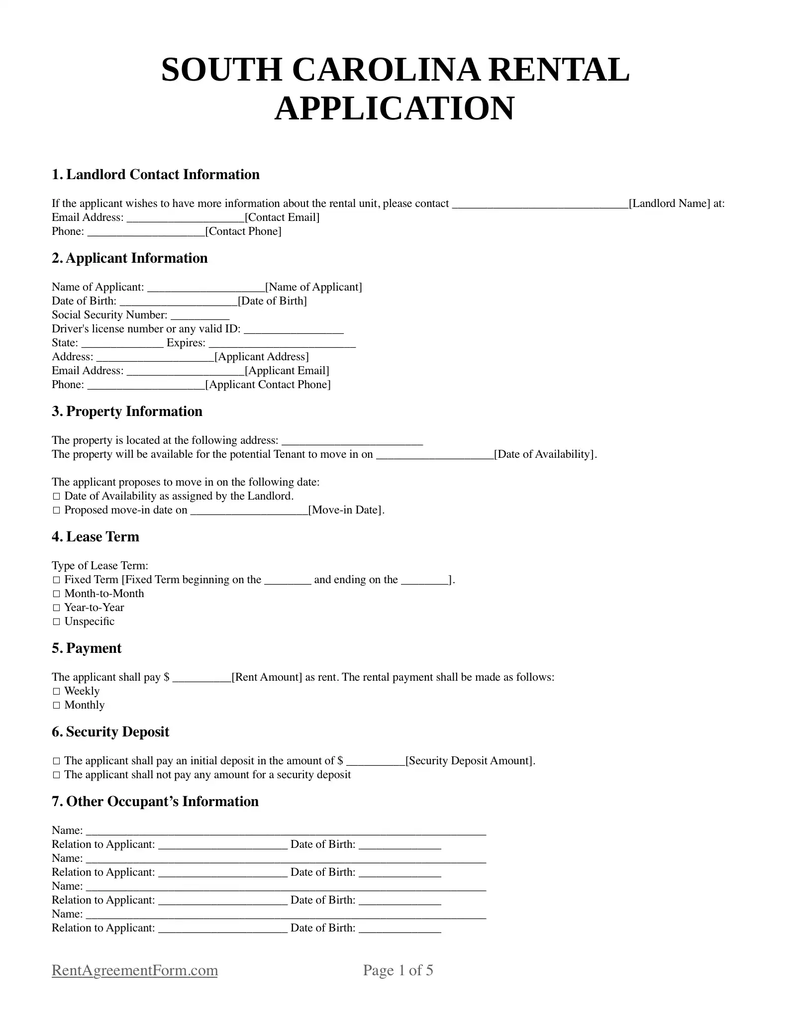 South Carolina Rental Application Sample