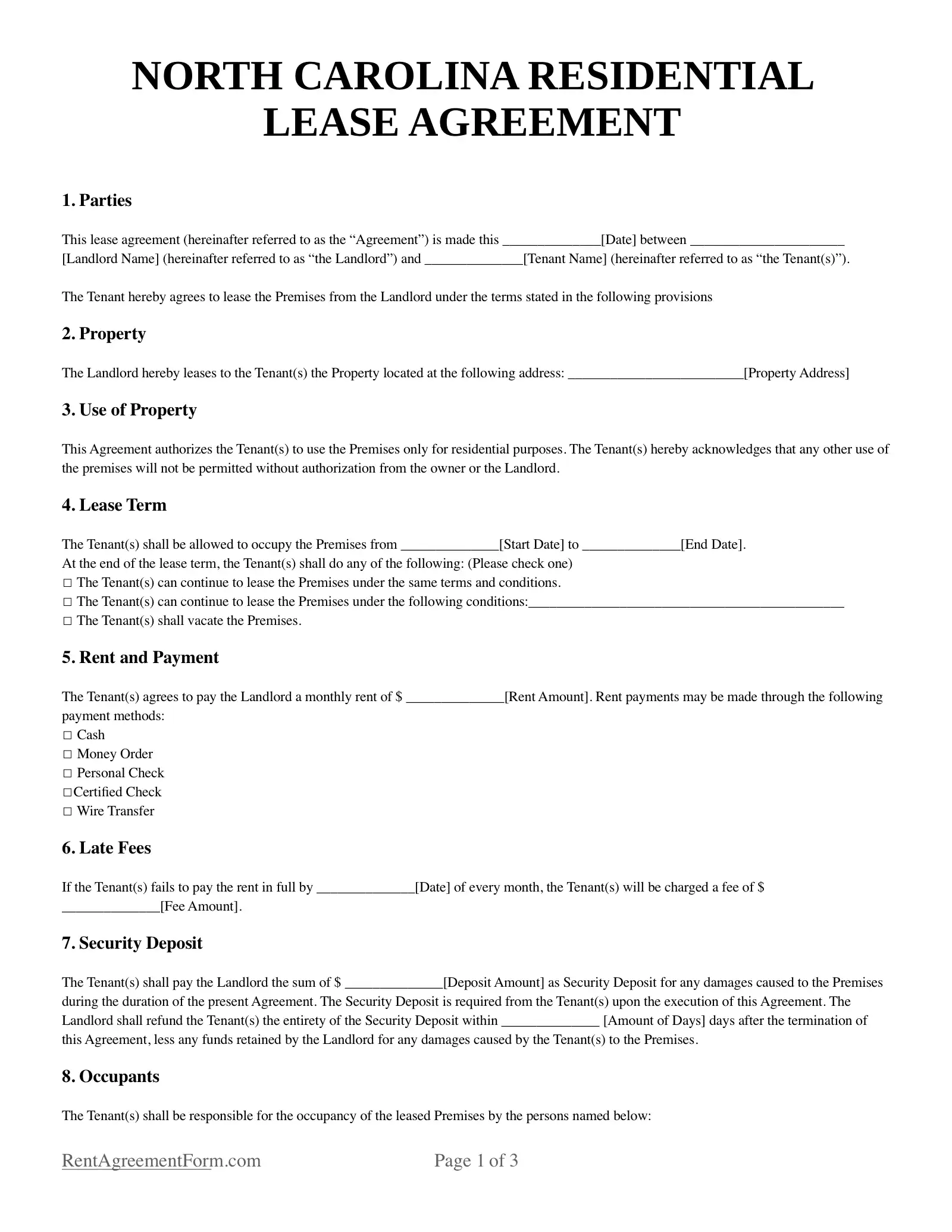 North Carolina Residential Lease Agreement Sample