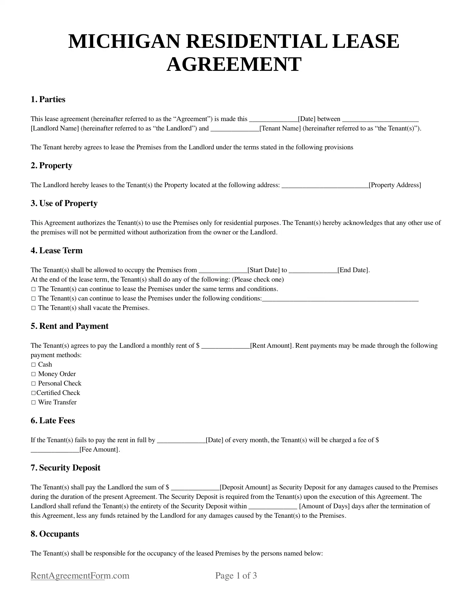 Michigan Residential Lease Agreement Sample