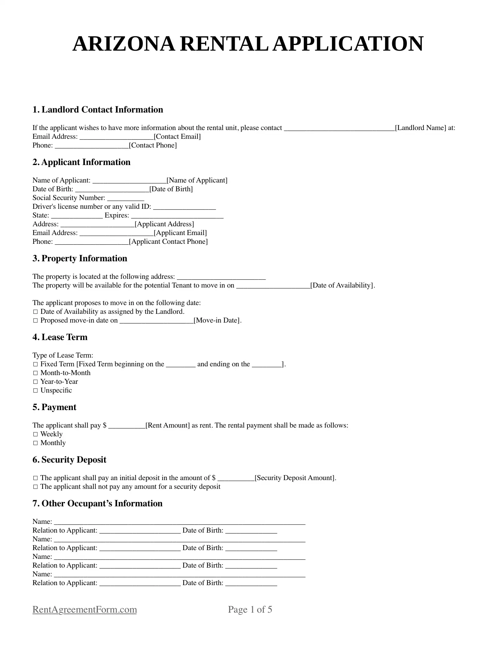 Arizona Rental Application Sample