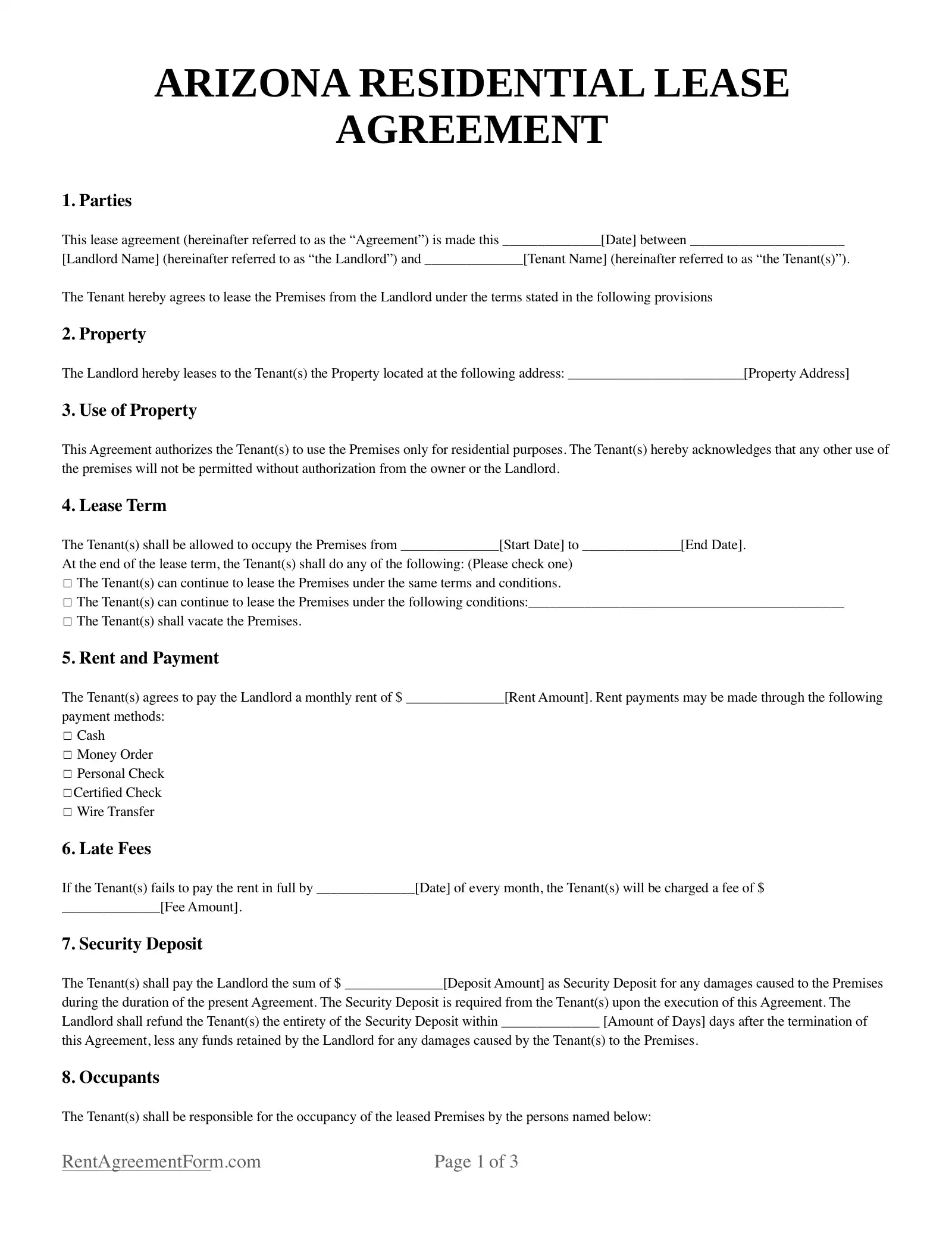 Free Arizona AZ Rental Lease Agreement Form PDF Word