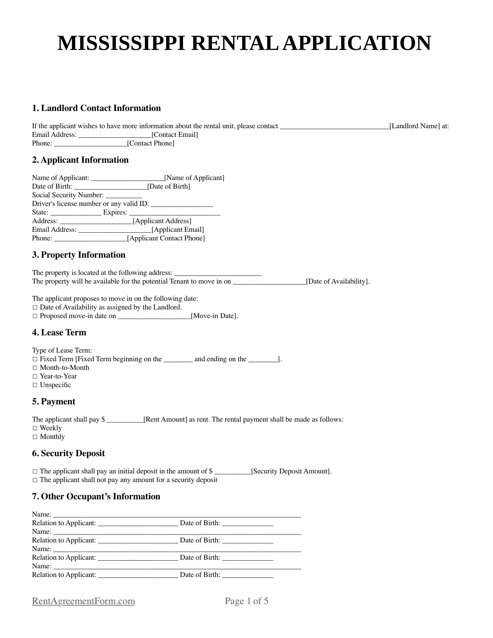 Mississippi Rental Application Sample