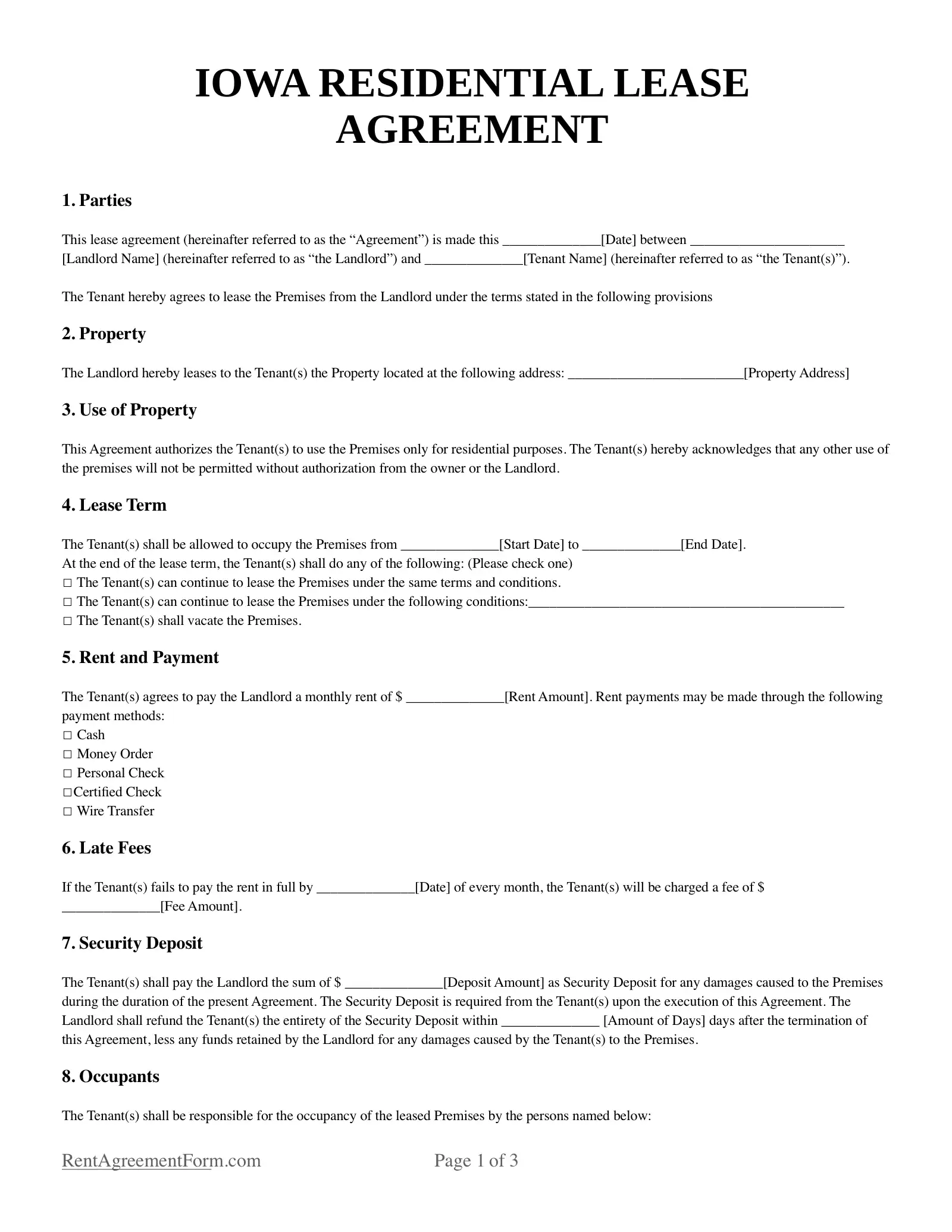 Iowa Residential Lease Agreement Sample