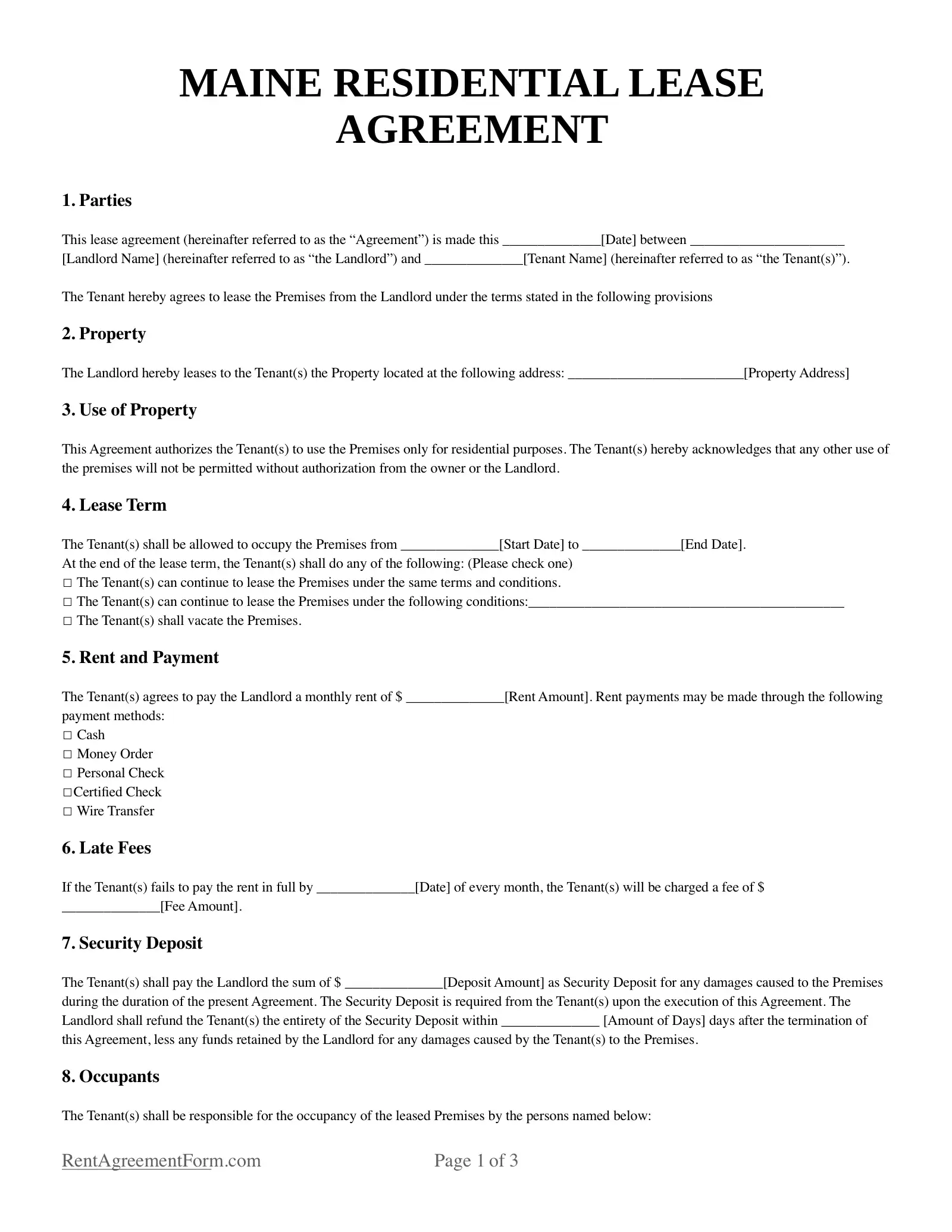 Maine Residential Lease Agreement Sample