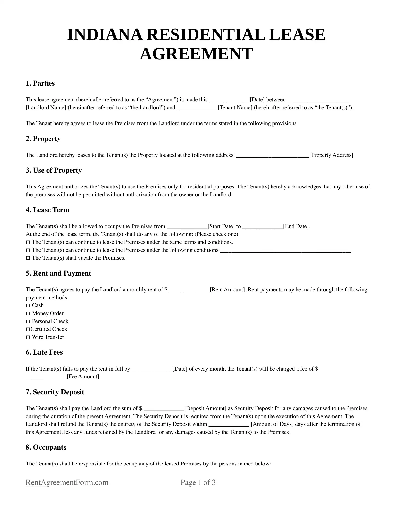 Indiana Residential Lease Agreement Sample