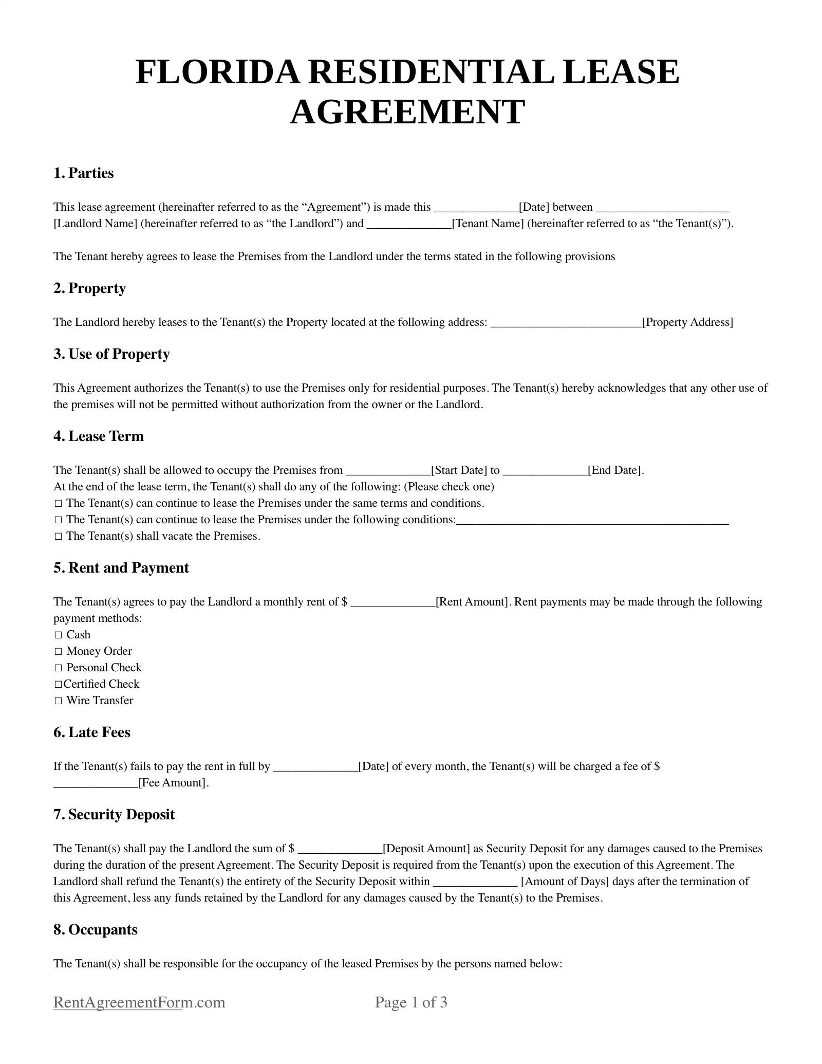 Florida Residential Lease Agreement Sample