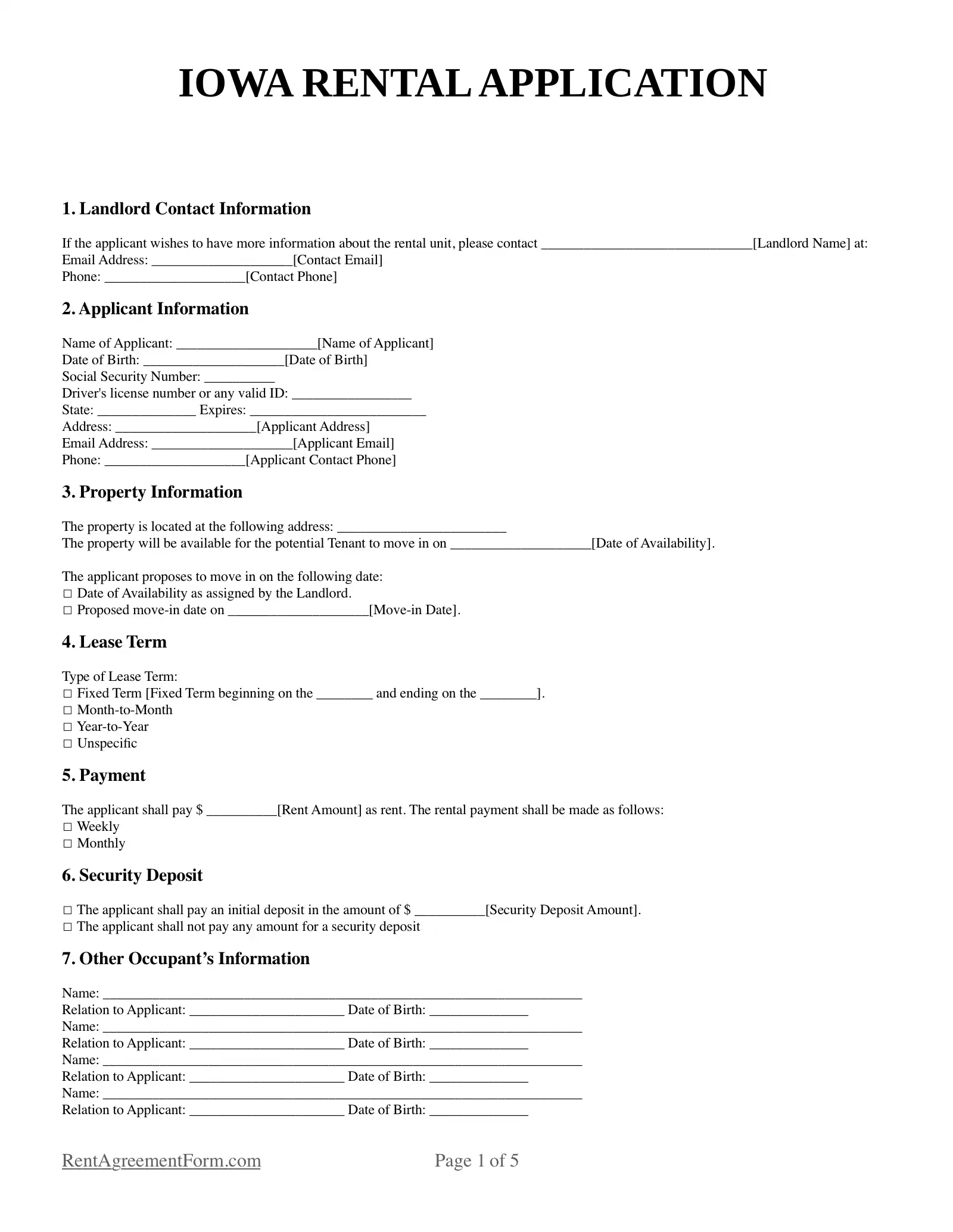 Iowa Rental Application Sample