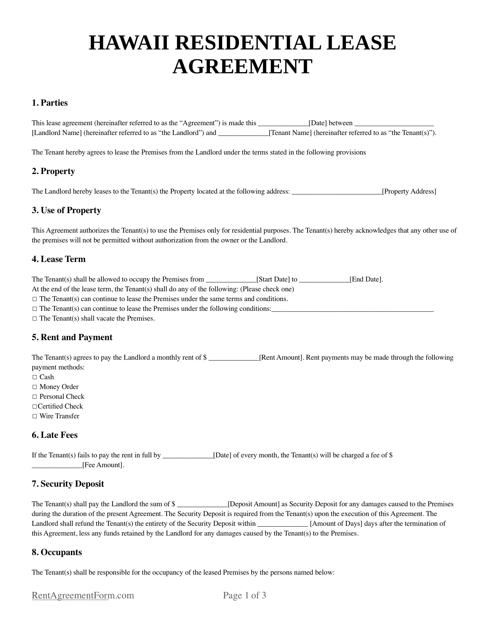 Hawaii Residential Lease Agreement Sample
