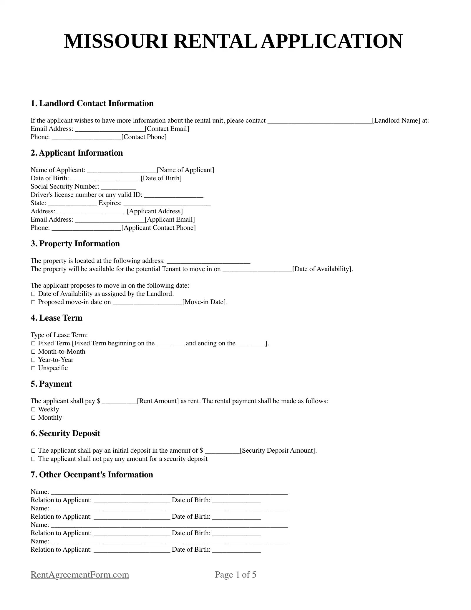 Missouri Rental Application Sample