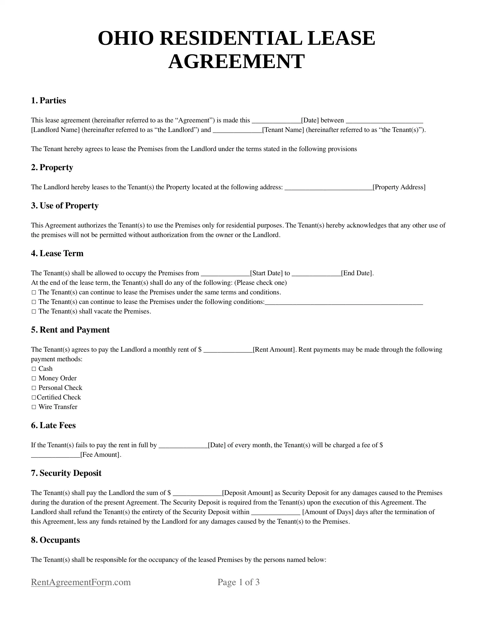 Ohio Residential Lease Agreement Sample