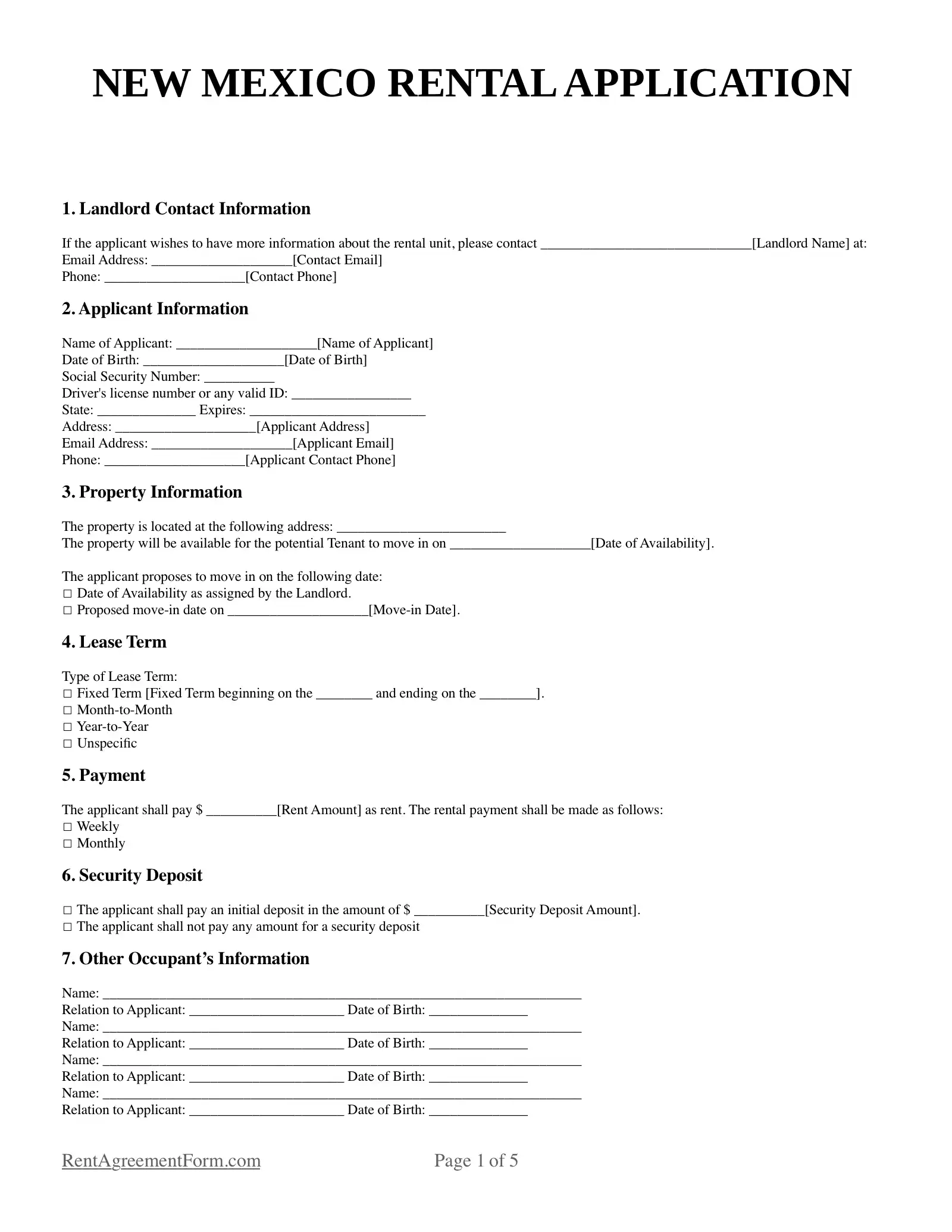 New Mexico Rental Application Sample
