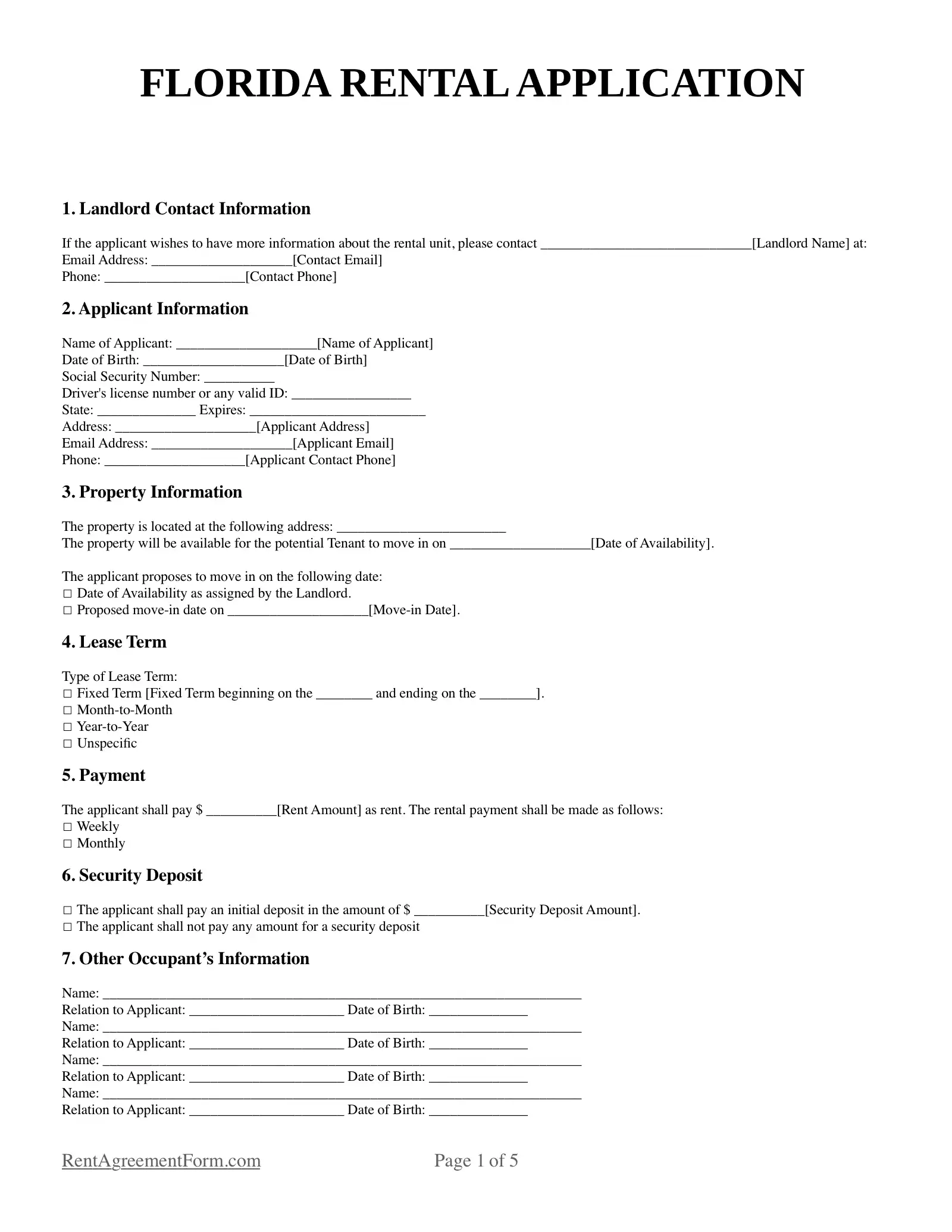 Florida Rental Application Sample