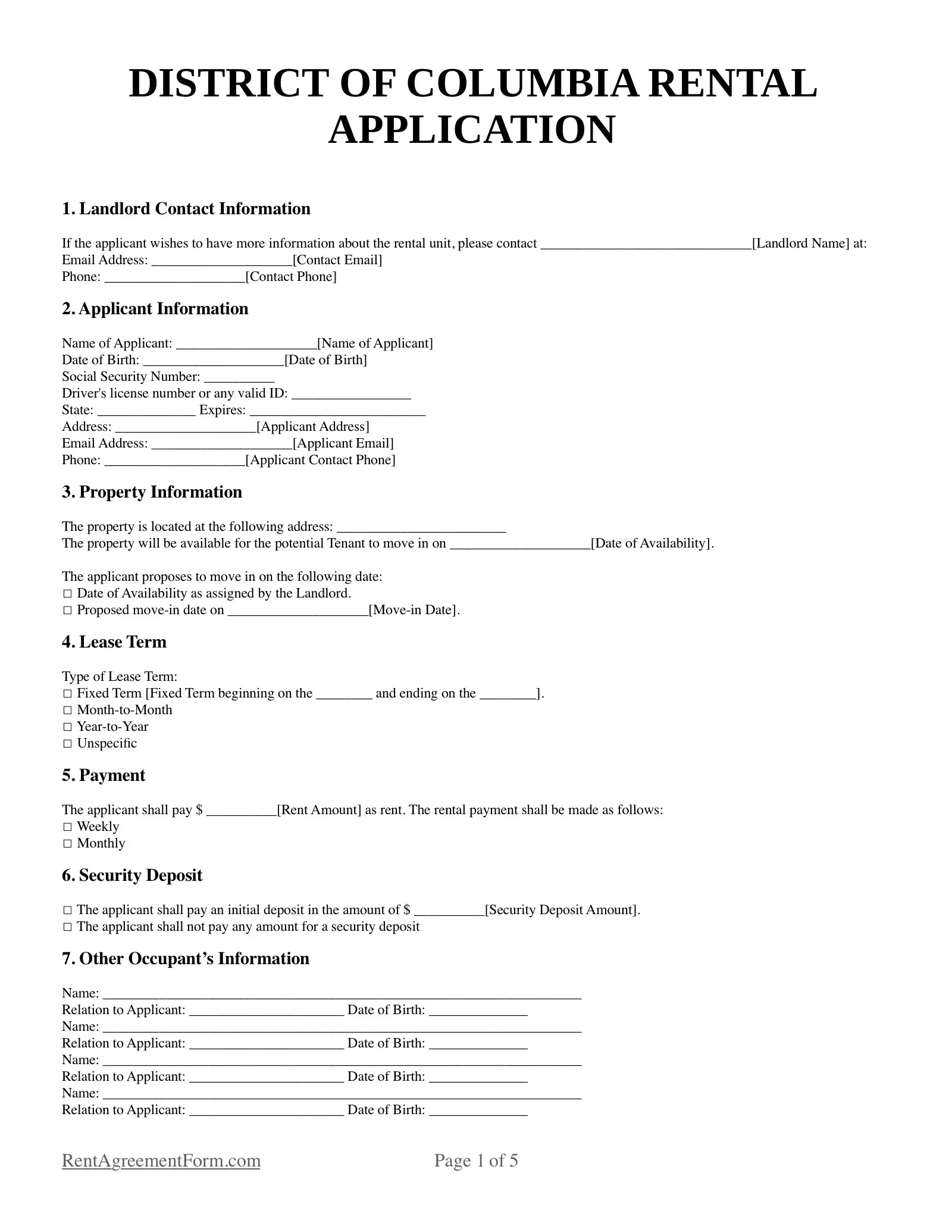 Washington D.C. Rental Application Sample
